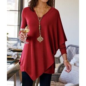 Soft Surroundings Madeline Tunic Top Longsleeve Red L Asymmetric Hem Lagenlook